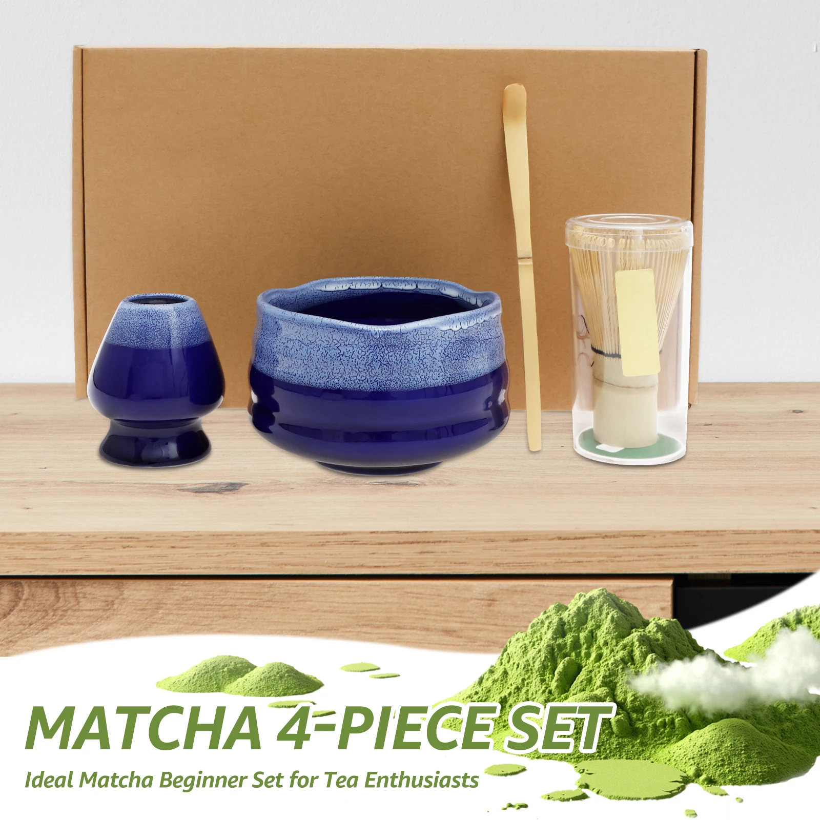 4Pcs Matcha Tea Tool Set Matcha Whisk Set Japanese Style Tea Making Kit with Scoop Whisk Holder Bowl for Home Beginners