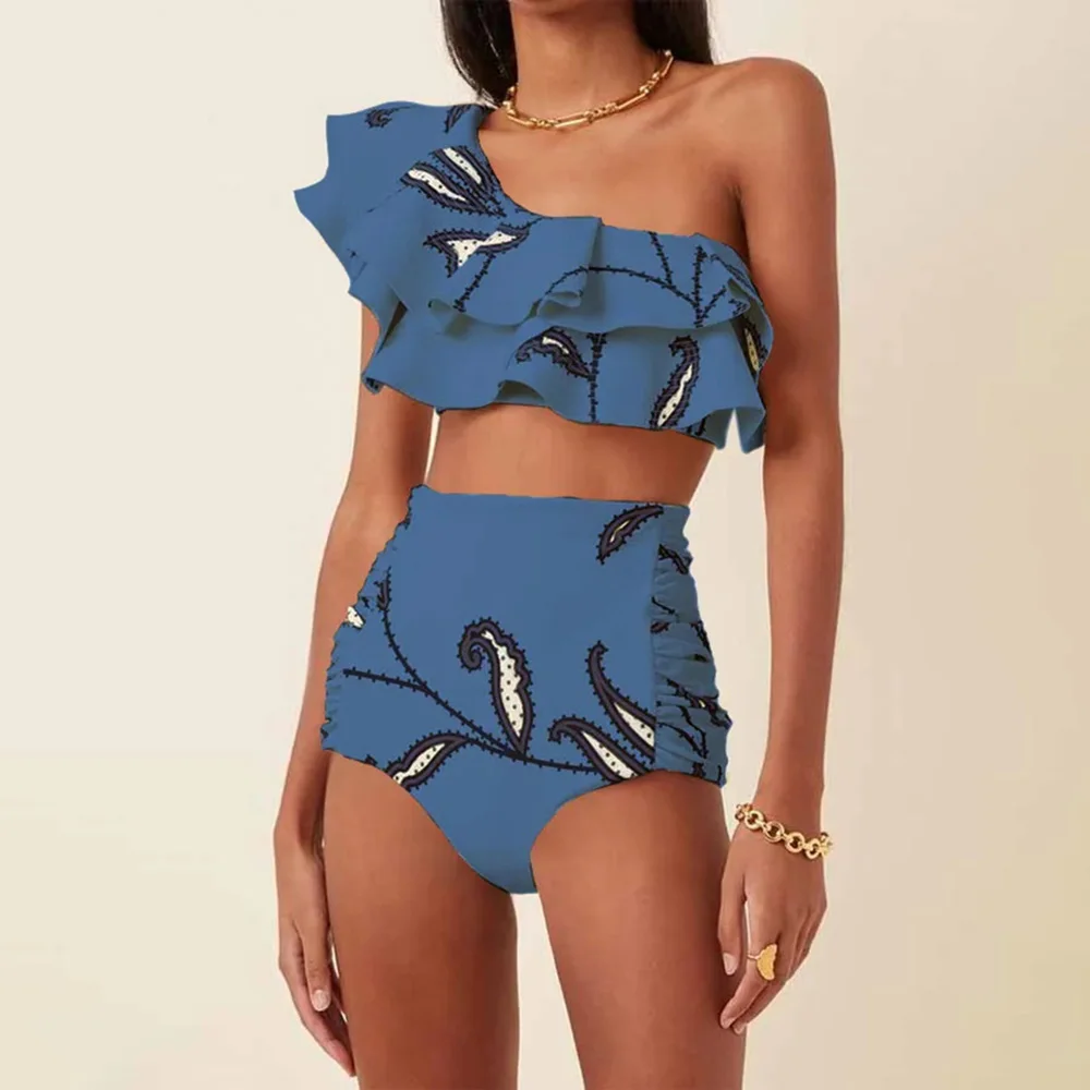 2023 New Printed Swimwear Sloping Shoulder Ruffled Bikini Women's High Waist Hot Style Swimsuit Beachwear Bathing Suits