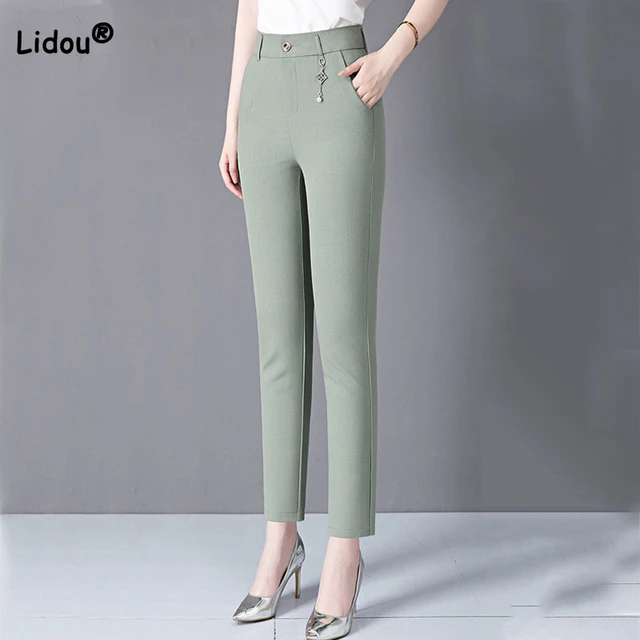 Office Lady Solid Casual High Waist Cropped Pants Spring Summer