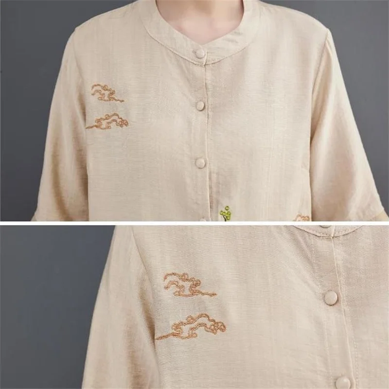 Spring Summer Women Leisure Large Size 5XL 2PCS Middle Aged Mother Mother Cotton Linen Suit 2025 Female Embroidery Two-piece Set