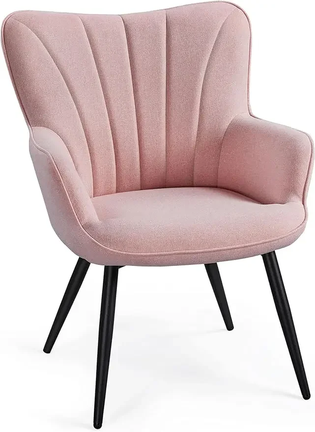 

Accent Chair, Modern and Elegant Armchair, Linen Fabric Vanity Chair, Living Room Chair with Metal Legs and High Pink