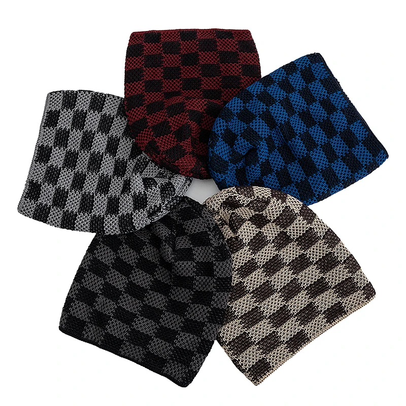 New Unisex Slouchy Winter Hat Two Tone Grid Design Beanie Hats For Men Women Casual Decor Winter Ski Knitted Hats