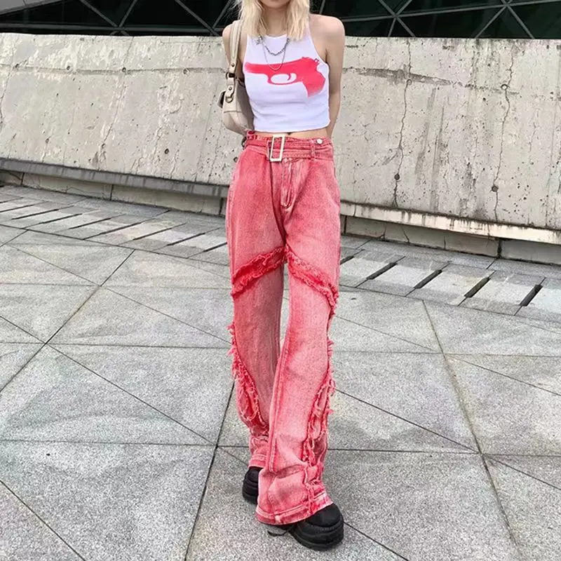 아메리칸 스타일 빈티지 워싱 원시 엣지 패션 하이 웨이스트 캐주얼 바지 와이드 레그 청바지 여성용 Y2k, 스트리트웨어 배기 핑크 팬츠