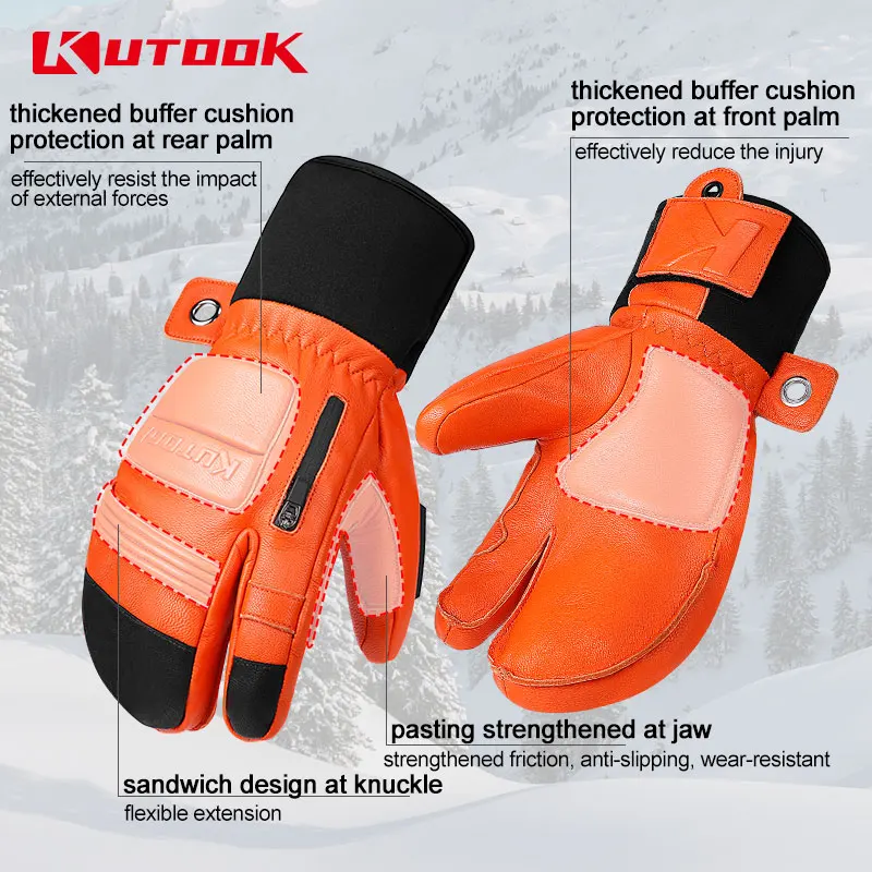 KUTOOK Winter Ski Gloves Goatskin Leather Mittens 3M Thinsulate Snowboard Gloves Thermal Warm Skiing Gloves Waterproof Men Women 4