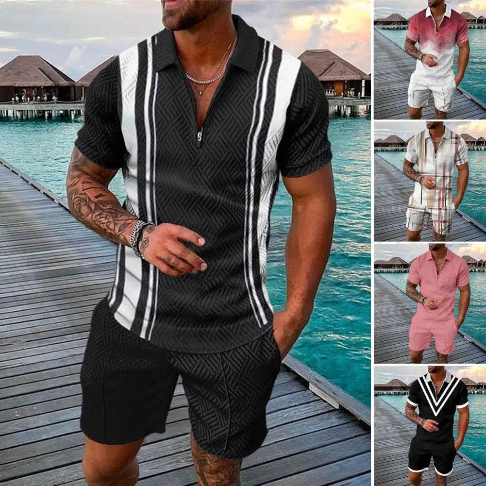 

Men's Tracksuit Cotton Solid Color Short Sleeve Zipper Shirt&Shorts Set for Men Casual Streetwear 2 piece Suit 2022 Summer