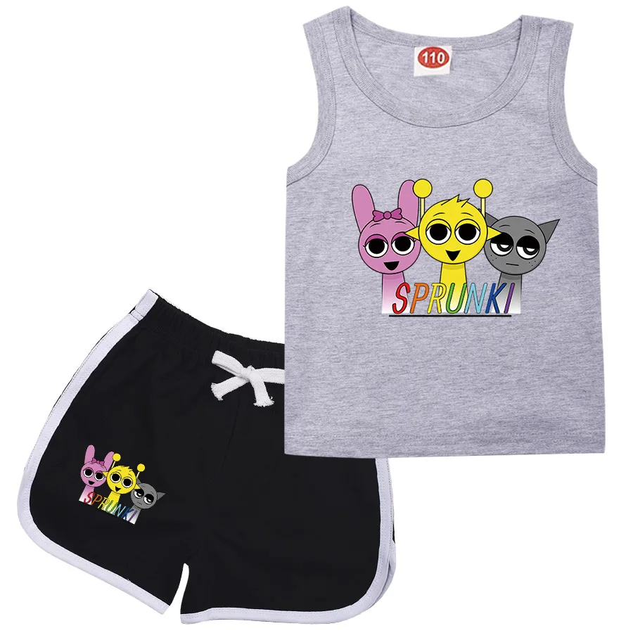 2Pcs Sets Game Sprunki T Shirt for Kids Cartoon Sports Suit for Toddler Boys Short Sleeve Vest and Shorts Summer Clothes kids clothing set kids t shirt kids sports suit children sports suit