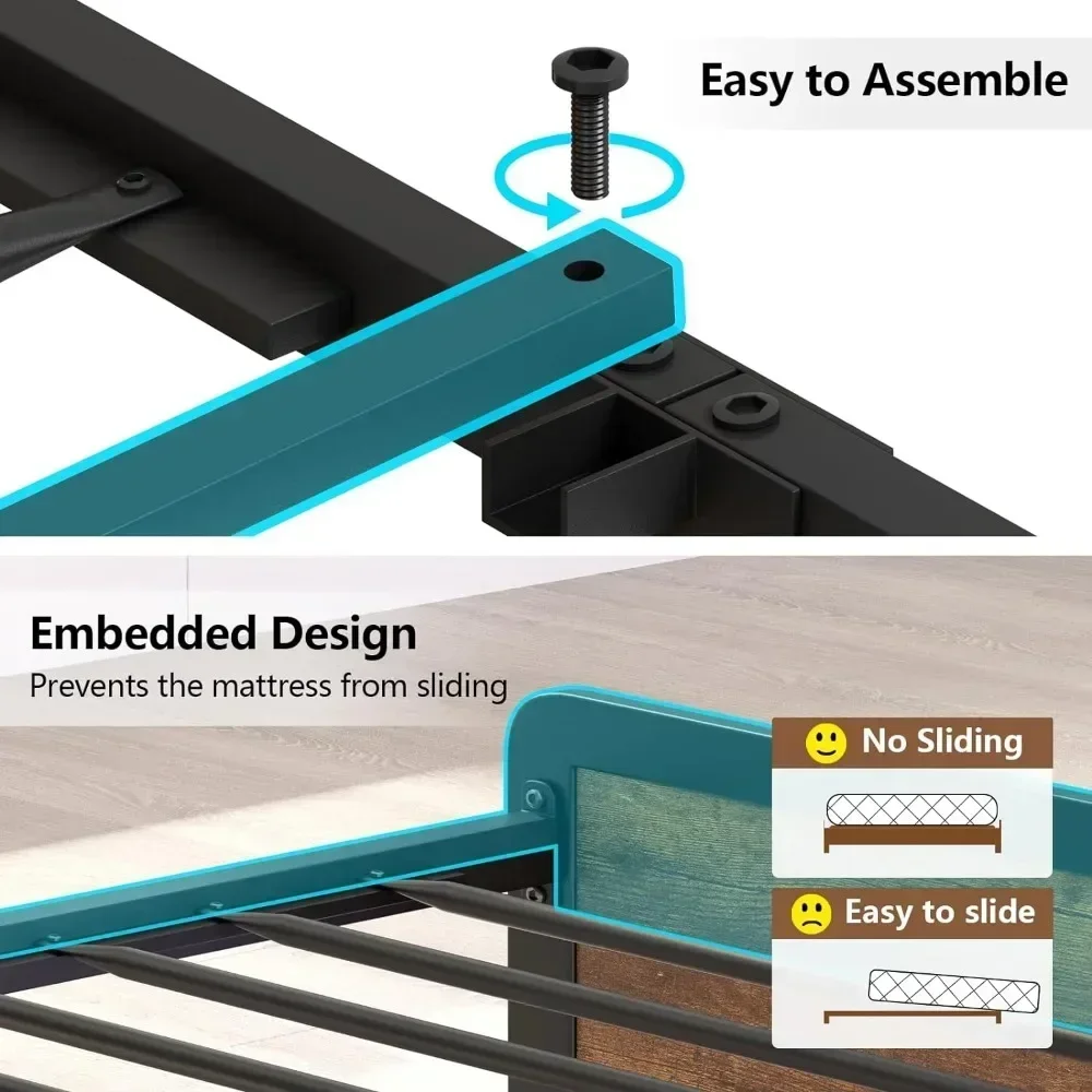 King Size Bed Frame and Storage Headboard, LED Bed Frame with USB Charging Station, Metal Platform Bed Frame King with Hidden 6