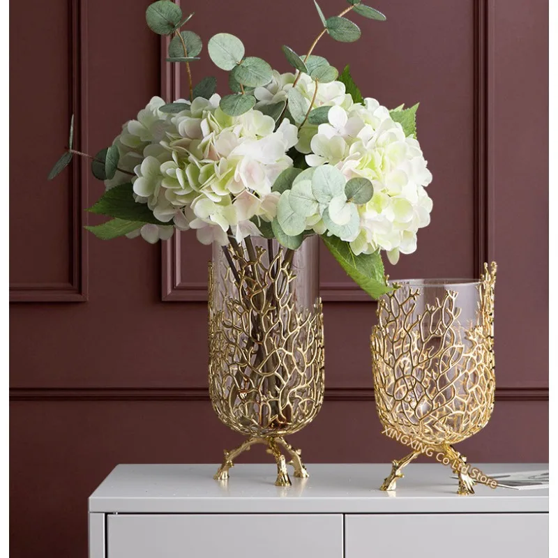 

Ваза из прозрачного стекла с полыми золотыми кораллами, декоративная металлическая стойка для гостиной, гидропонного цветочного расположения, украшение для дома