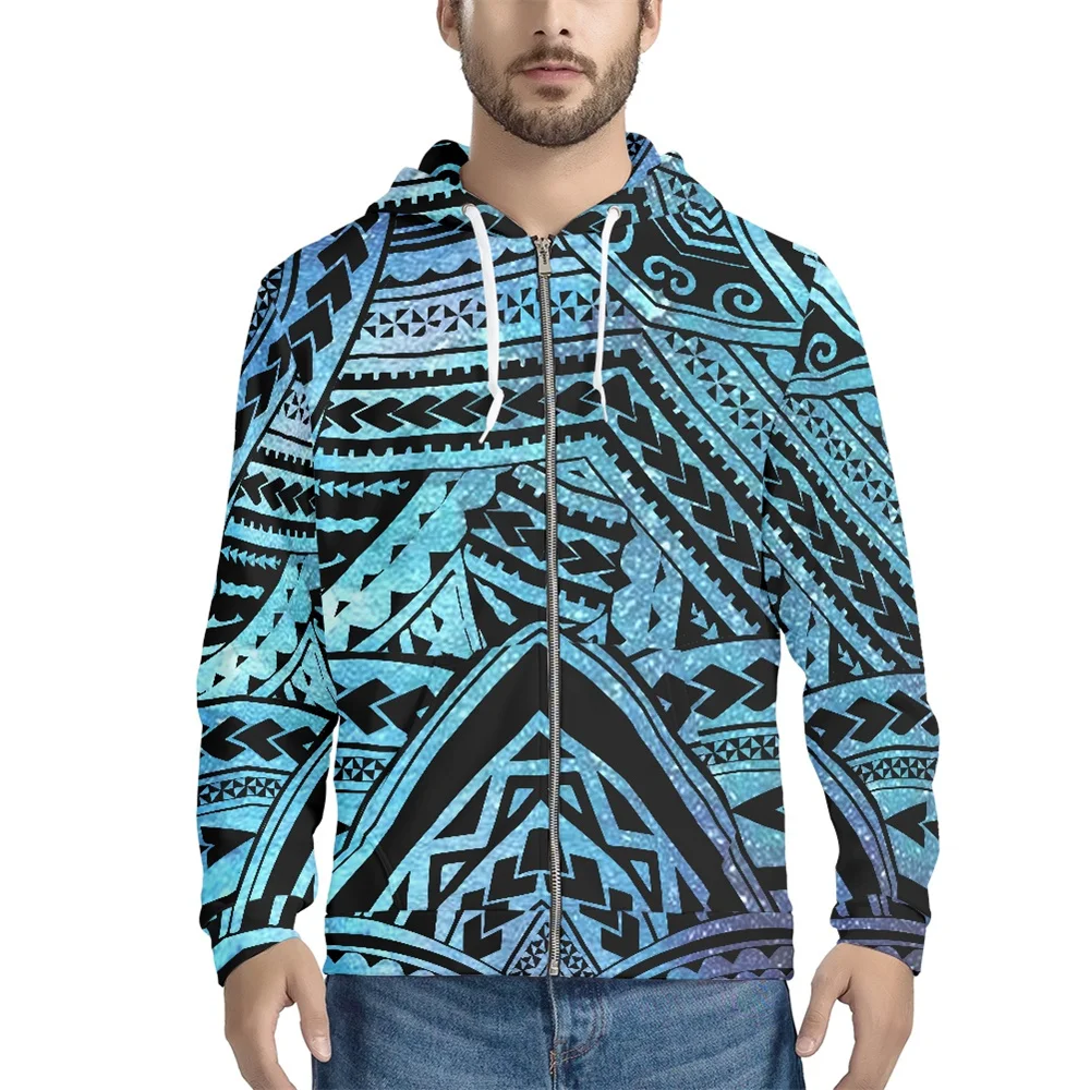 

Oversized Hoodies Streetwear Men Polynesian Tattoo Pattern Blue Casual Sweatshirts for Teenager Boys Full Zipper Pullover Tops