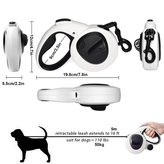 Correa Para Perro Retráctil 3 M Con Linterna LED | Mango Ergonómico | Bloqueo De Un Botón | Hasta 20 Kg