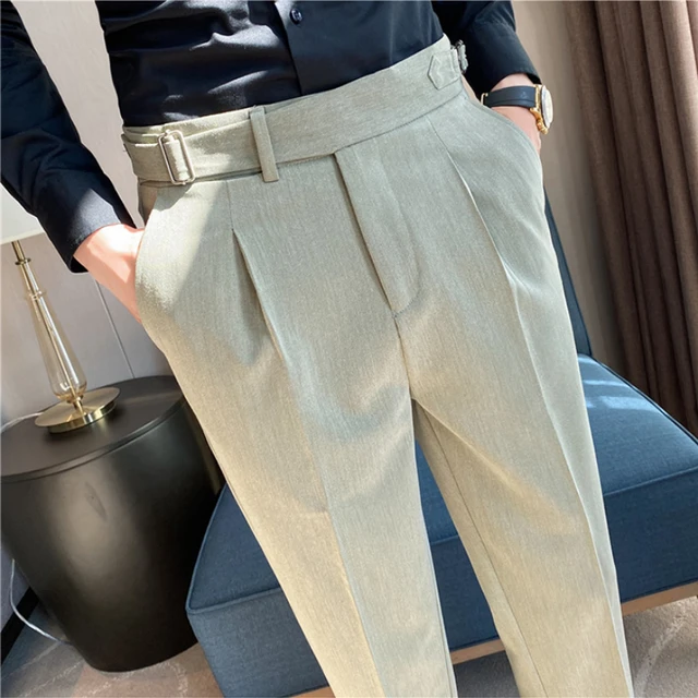 Men's High Waist Suit Pants Slim Dress Trousers Casual Formal