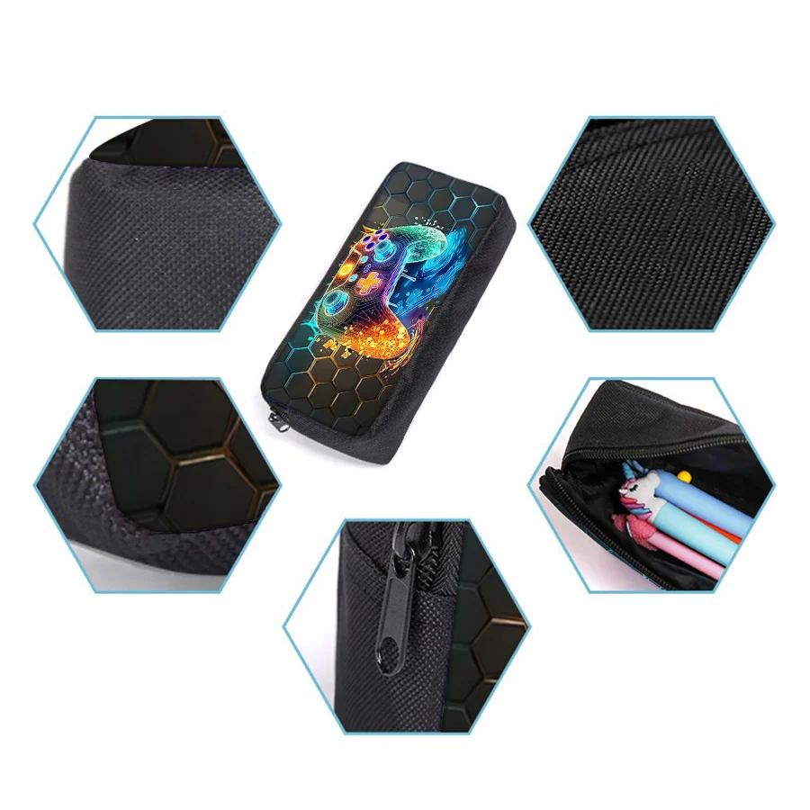 Gaming school bag pencil case and lunch bag close-up detail