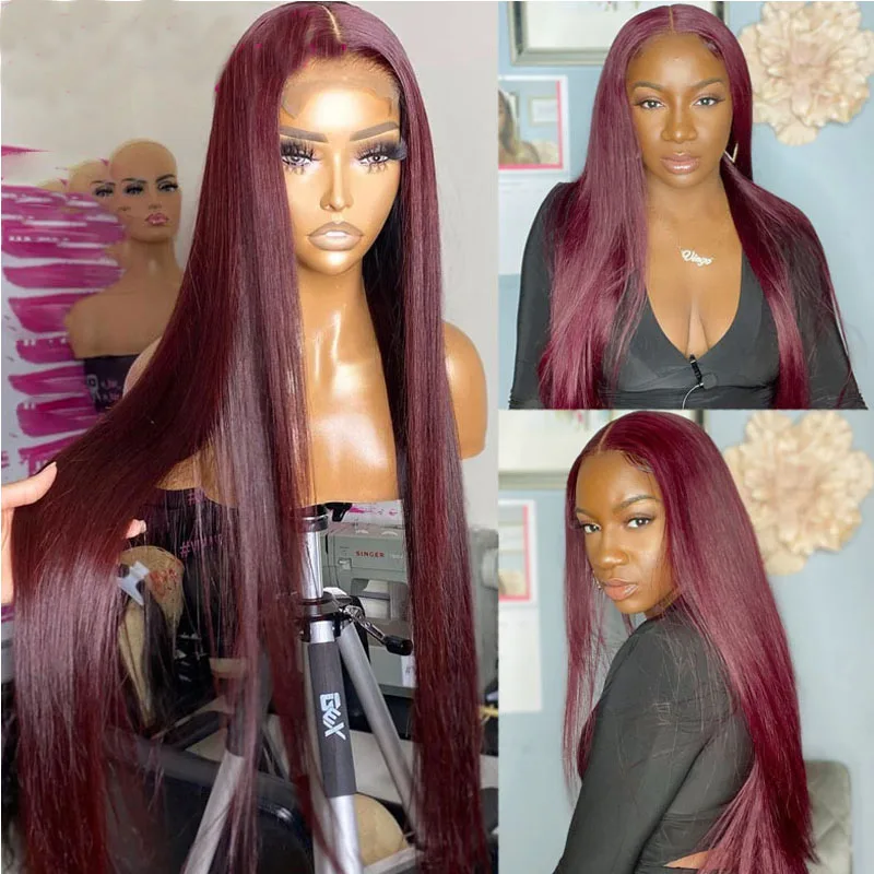

26Inch Burgundy Silky Straight Preplucked Soft 180%Density Long Natural Hairline Glueless Lace Front Wig For Women Babyhair