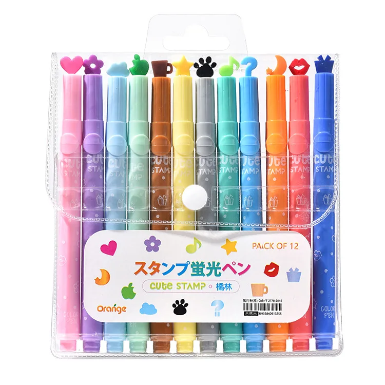 12 Colors/Box Unique Cartoon Pattern Seal Highlighter Marker Hand Account Pen Student Gift School Office Supplies