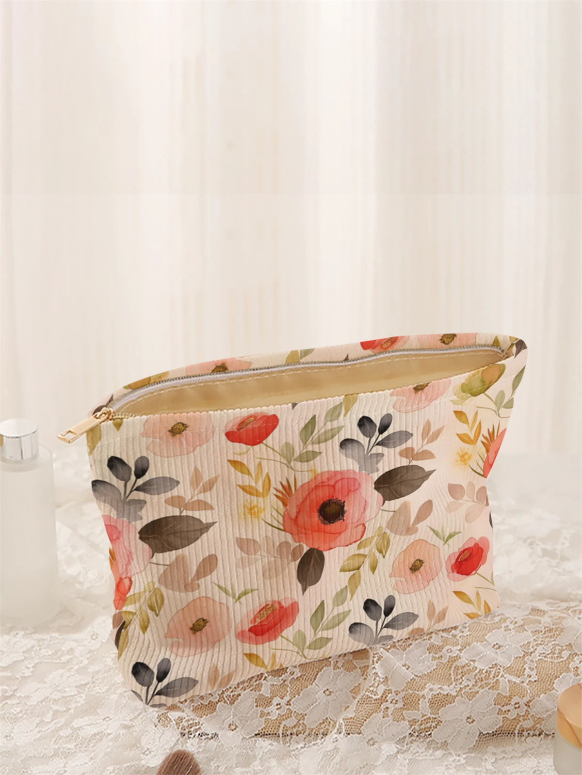 1 floral patterned corduroy makeup bag, lightweight zipper makeup storage box, multifunctional bag with lining