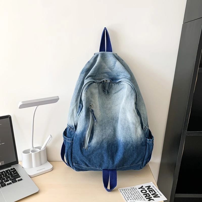 Unisex Large-Capacity Washed Denim Backpack