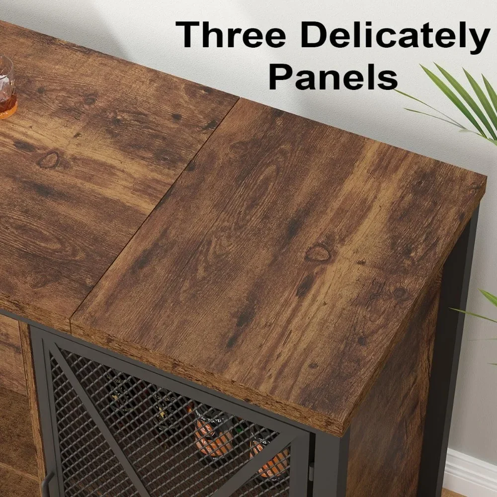 Large Bar Cabinet with Fridge Space, Rustic Long Liquor Cabinet with Drawer Storage, Farmhouse Wood Metal Wine