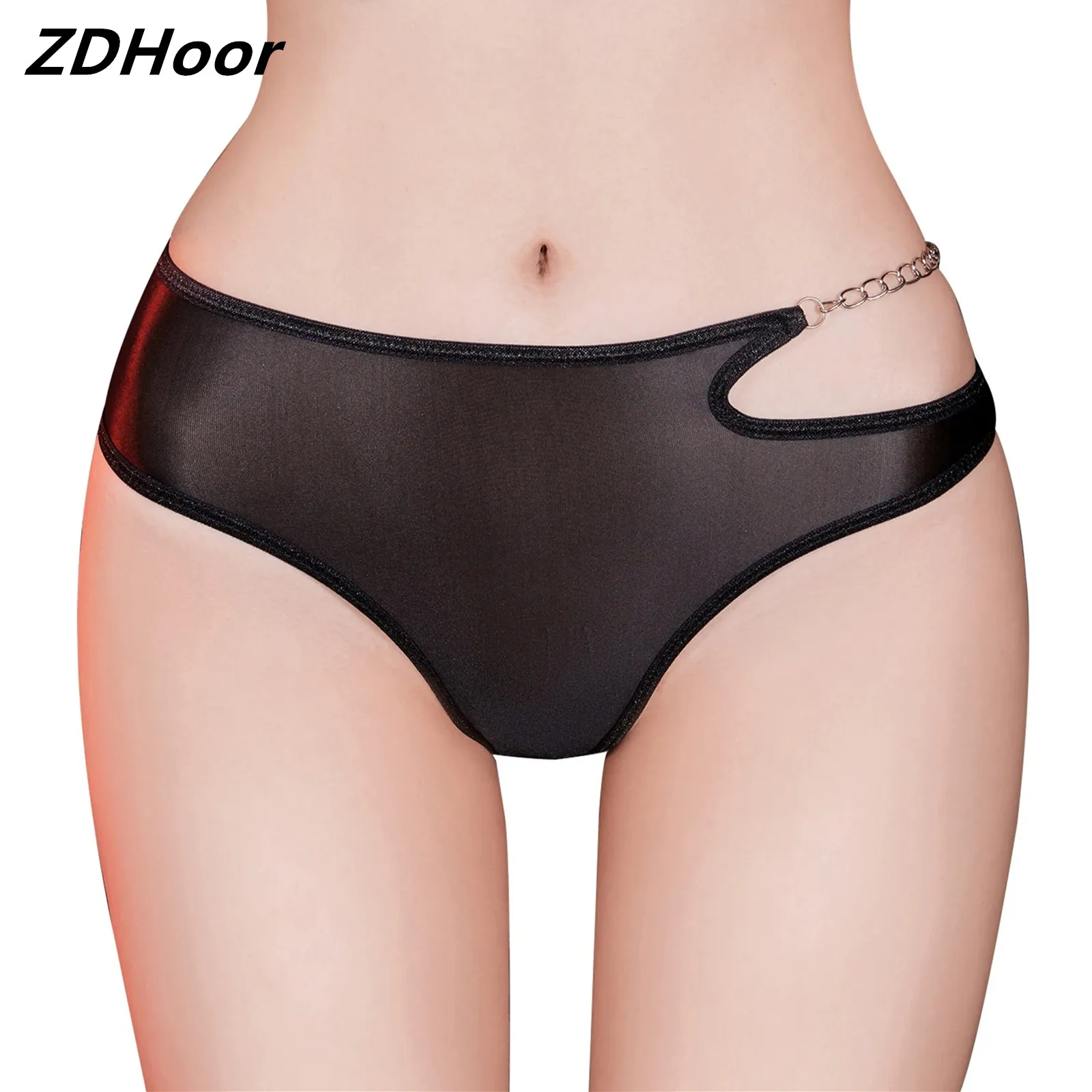 

Womens Glossy Cutout Briefs Solid Color Low Rise Panties Metal Chain Elastic Waistband Underpants Pool Party Lingerie Underwear