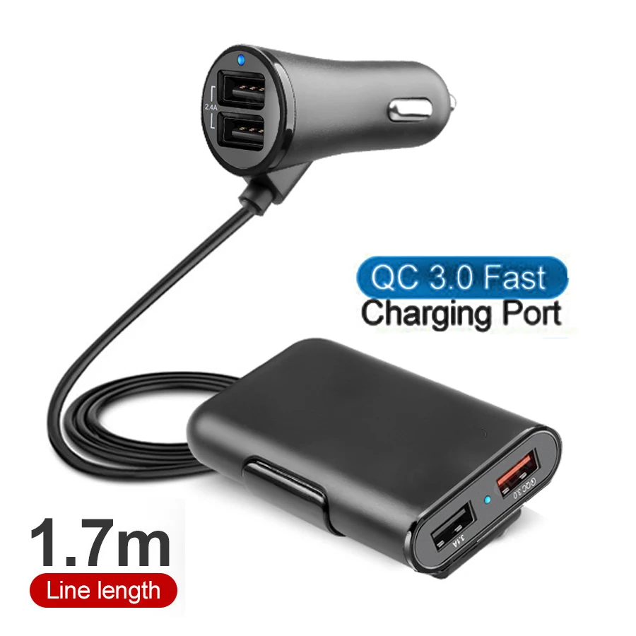

4 Ports USB Car Charger QC3.0+2.4A+3.1A Power Adapter USB pour Universal Fast Charging with 5.6ft Extension Cord Cable Phone