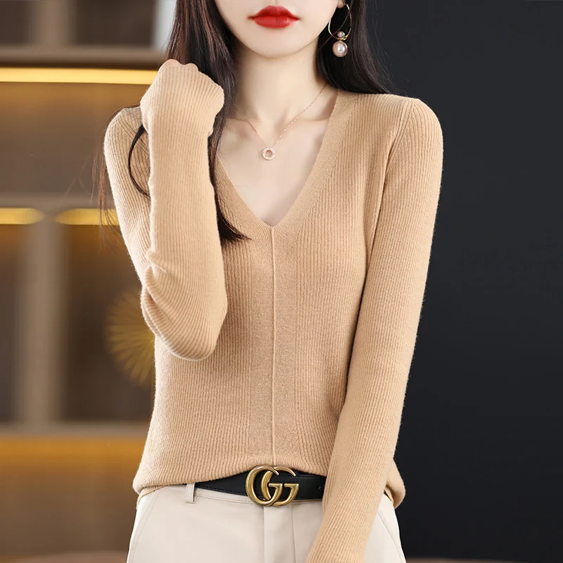 

Women 100% Worsted Wool Pullover 2022 New Arrival V-Neck High Elasticity Sweater Female Warm Soft Basic Jumper Solid Slim Femme