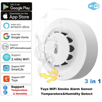Tuya WiFi Smoke Alarm Temperature and Humidity Sensor Smoke Detector Fire Protection Alarm Smokehouse Combination Firefighters
