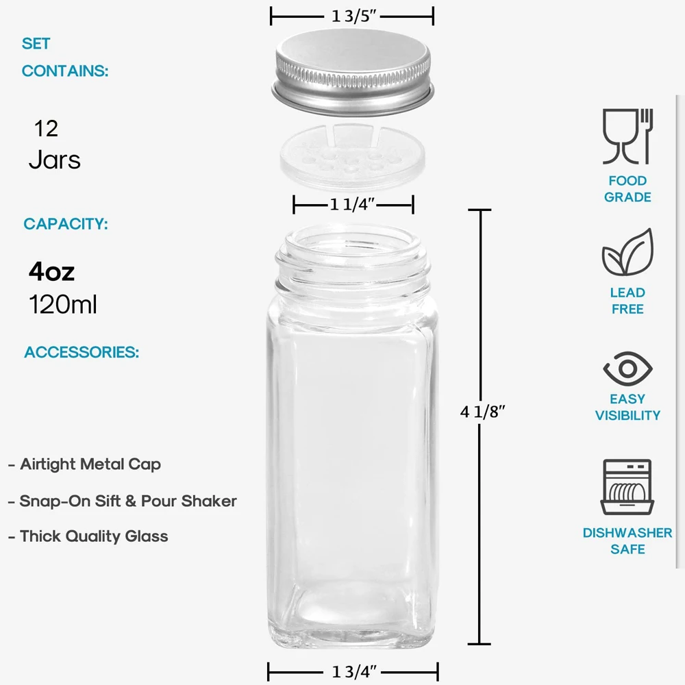 Mcupper 30 Pack 4oz Glass Mason Spice Jars Bottles, Empty Round Containers  with Silver Airtight Metal Caps and Pour/Sift Shaker Lid