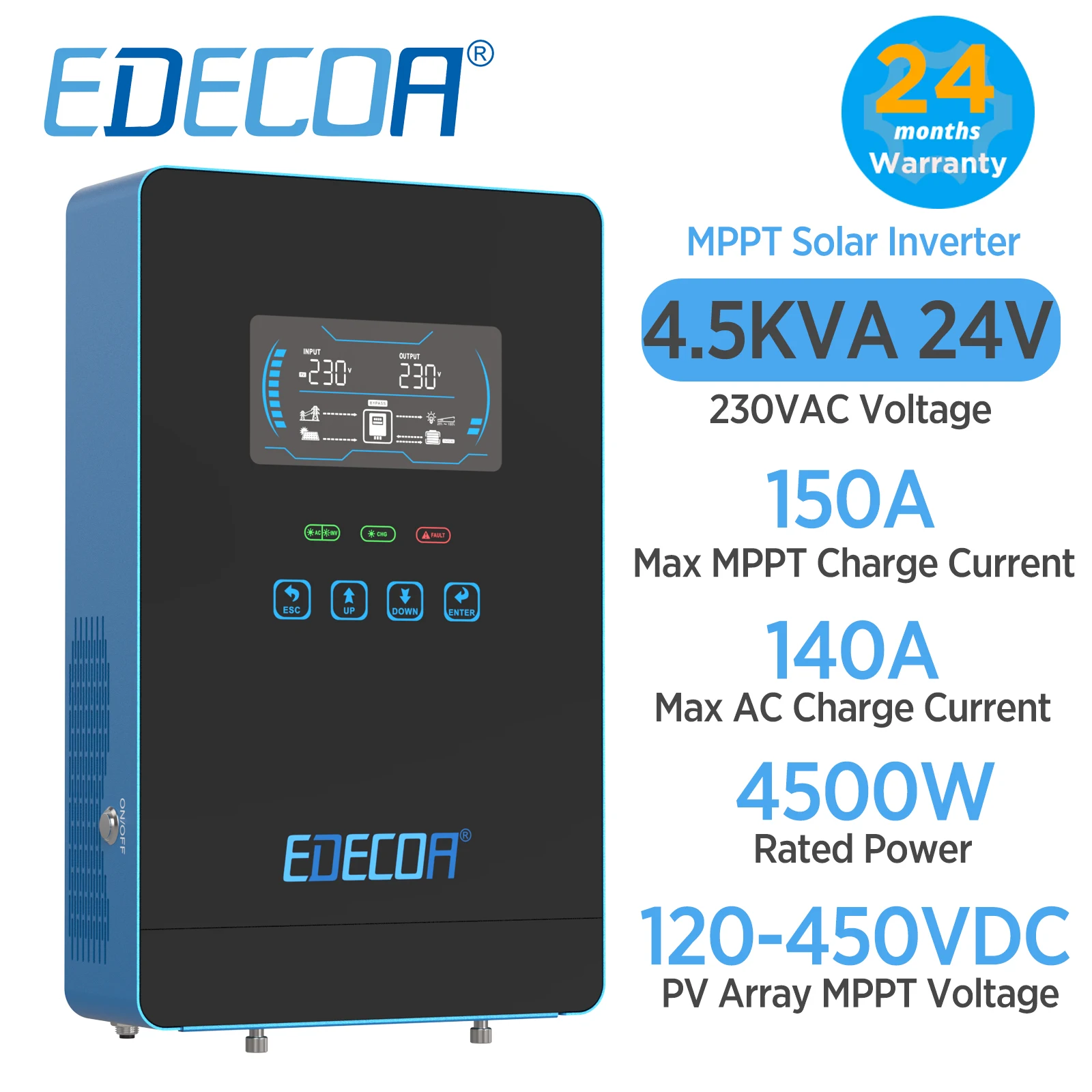 Edecoa 4.5Kw Inverter Solare Ibrido 24V 220V 230V Mppt 150A Caricatore Solare Inverter A Onda Sinusoidale Pura Compatibile Con Batteria Lifepo4