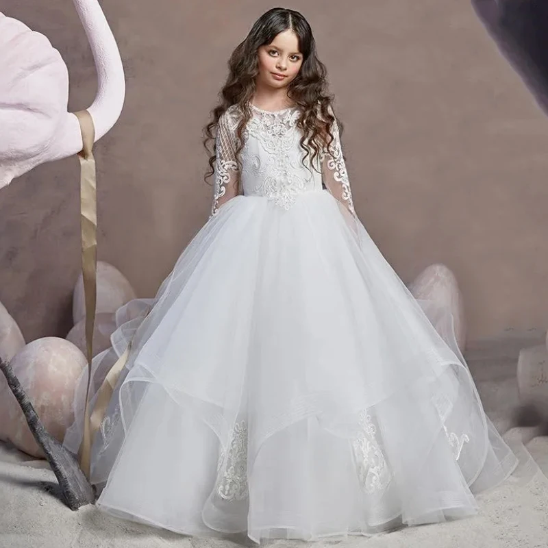 

White Flower Girl Dresses Tulle Tiered White Appliques With Bow Long Sleeve For Wedding Birthday Party First Communion Gowns