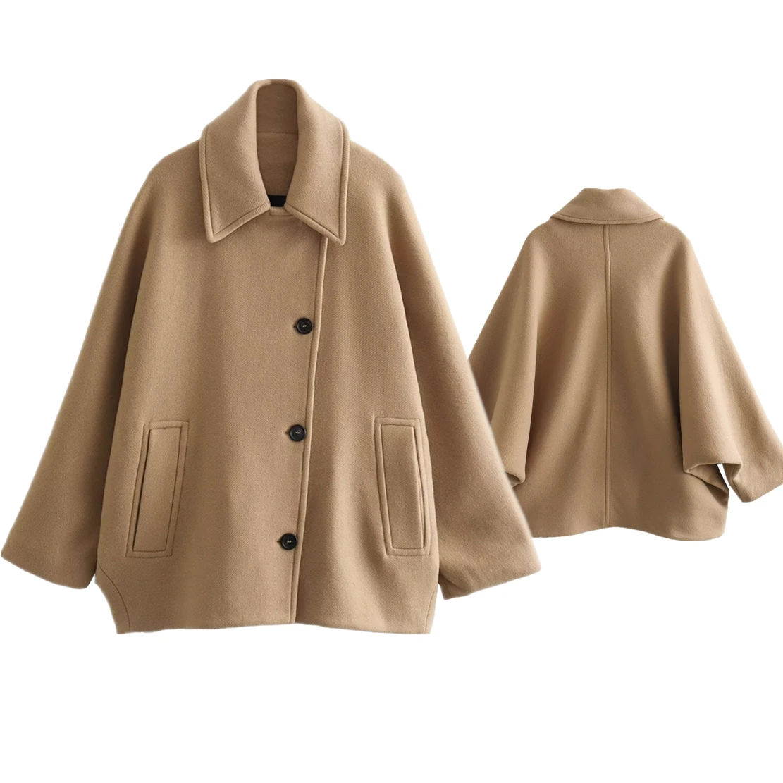 Withered British Cloak Coat Fashion Women's Vintage Bat Sleeve Woolen Twill Khaki Jacket Winter Coat Women withered autumn british fashion women s retro khaki twill coat casual suit blazers vintage jacket tops