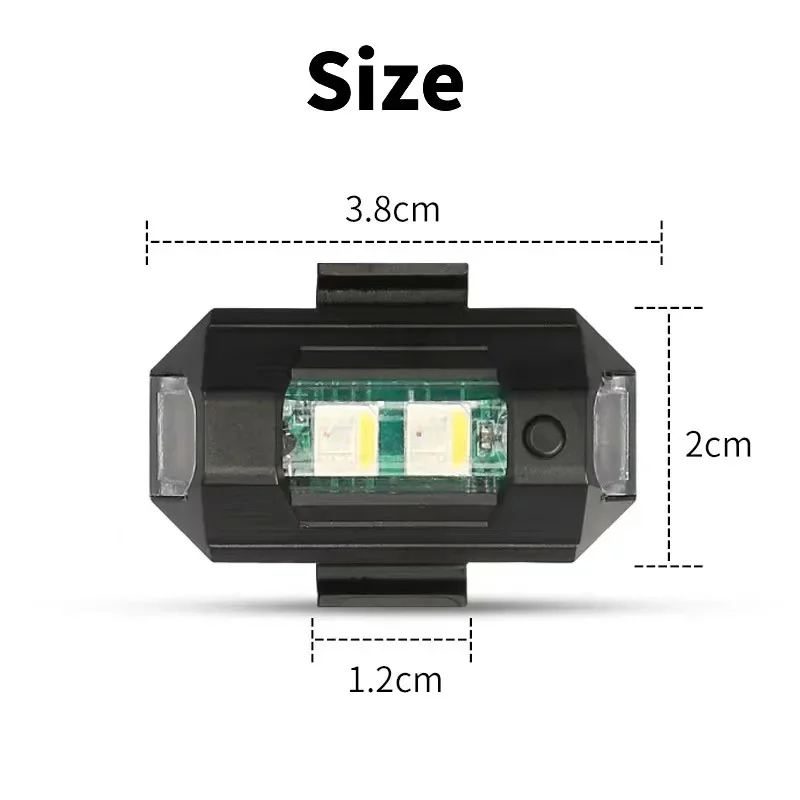 Feu stroboscopique LED USB pour drone, lumière anti-collision avec 30 modes et 7 couleurs, en gros plan sur le boîtier et le port USB.