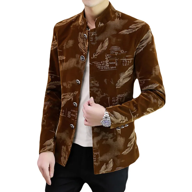 Luxury Retro Velvet Suit Jacket for Men Fashion Slim Fit Stand Collar Blazer Masculino Casual Business Wedding Dress Coat 2023 5