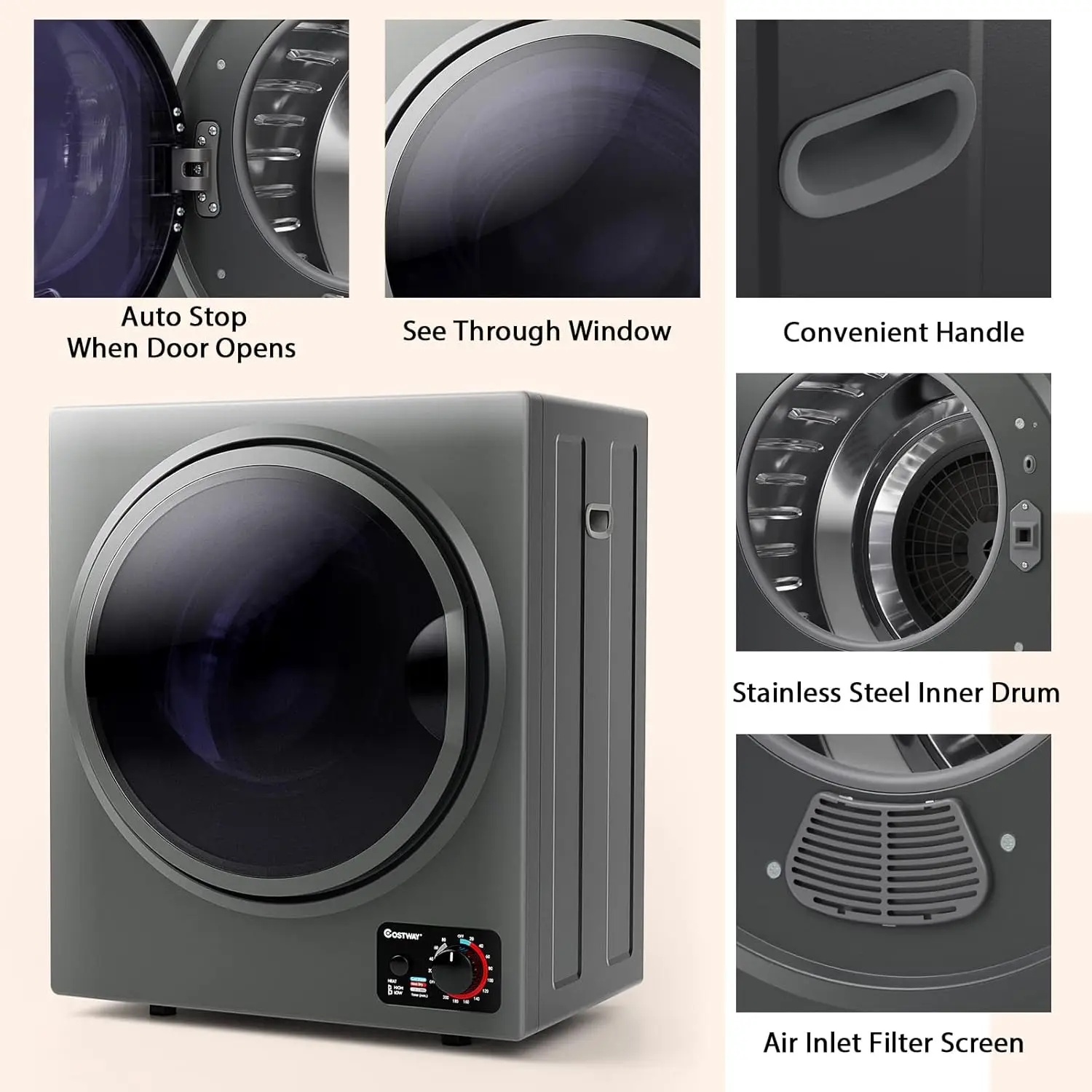 Compact Laundry Dryer, 110V Electric Portable Clothes Dryer with Stainless Steel Tub, Control Panel Downside Easy Control for 4