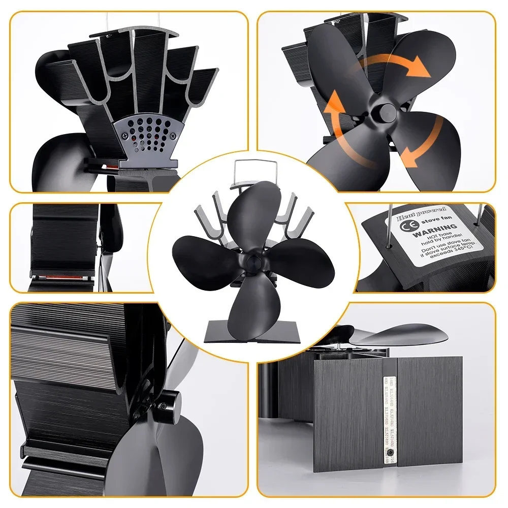 Black Fireplace Fan 4 Blade Heat Powered Stove Fan komin Log Wood Burner Eco Friendly Quiet Home Efficient Heat Distribution Fireplace Fan