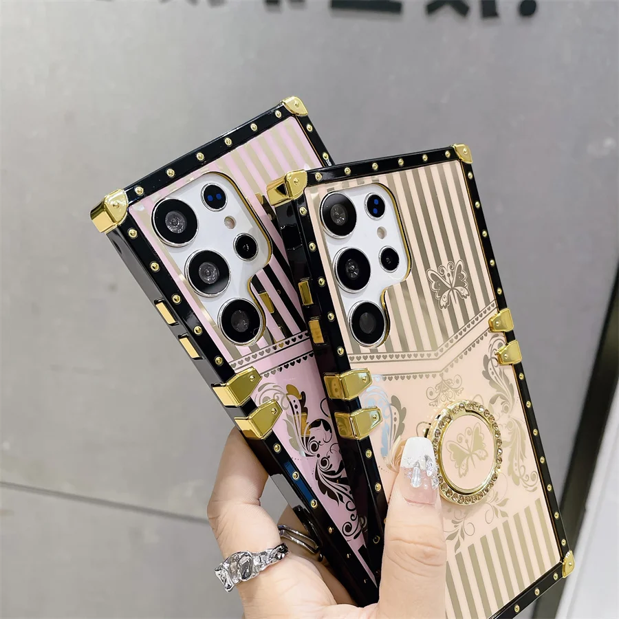 Retro Style Mirror Stripes Butterfly Case for Samsung Galaxy S23 S22 S21 Ultra Flip5 Flip4 Finger Ring Kickstand Back_voghion.com