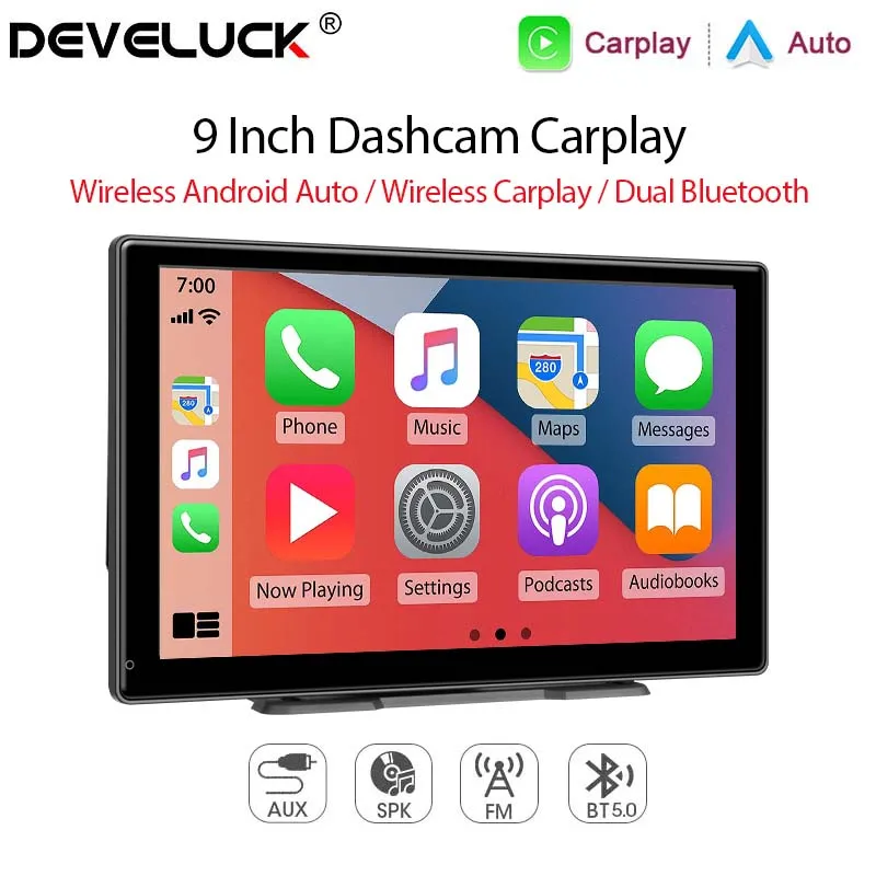 Develuck 9 인치 Carplay MP5 휴대용 스마트 플레이어 모니터 무선 안..