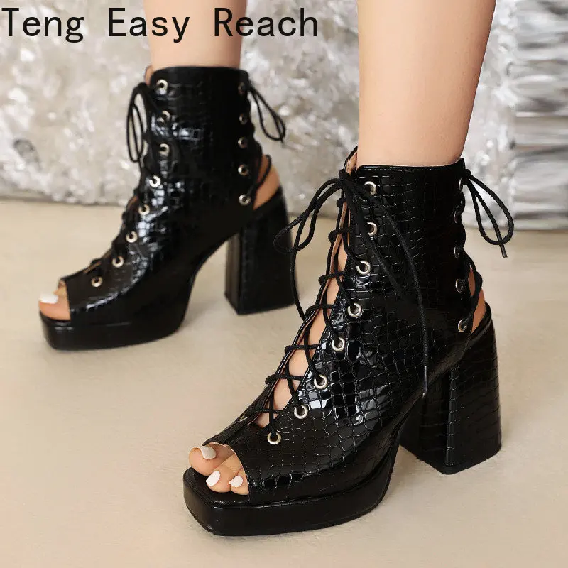 

Summer Lace-up Fish Mouth Boots Sexy Women's Thick Heel Shoes Fashion Platform High Heels Women's Party Shoes Zapato Mujer