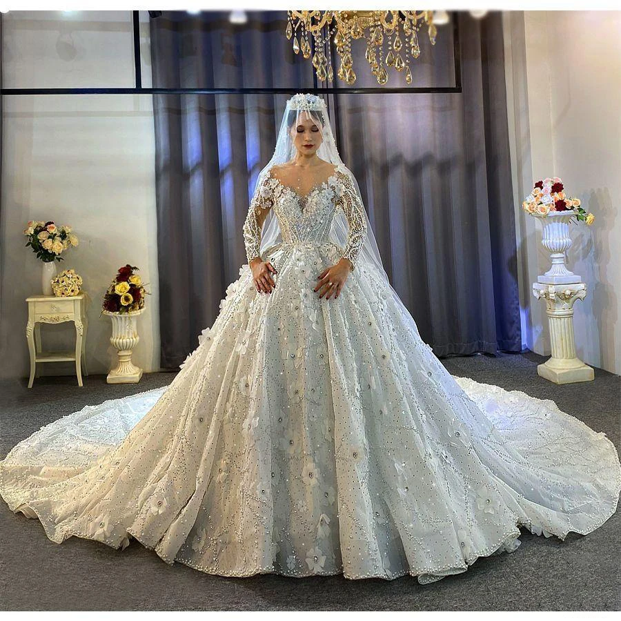

3D Flowers Wedding Dresses Saudi Arabia Sexy Sheer V Neck Long Sleeve Bridal Gowns Romantic Bride Dress Robe De Mariee