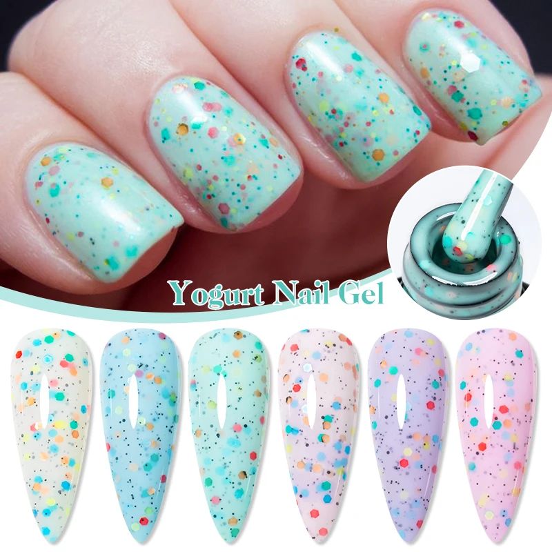 MEET ACROSS 7ml 요구르트 화이트 네일 젤 폴란드어 글리터 칩 방지 오래 지속되는 UV/LED 베르니 젤 봄 여름 손톱 DIY