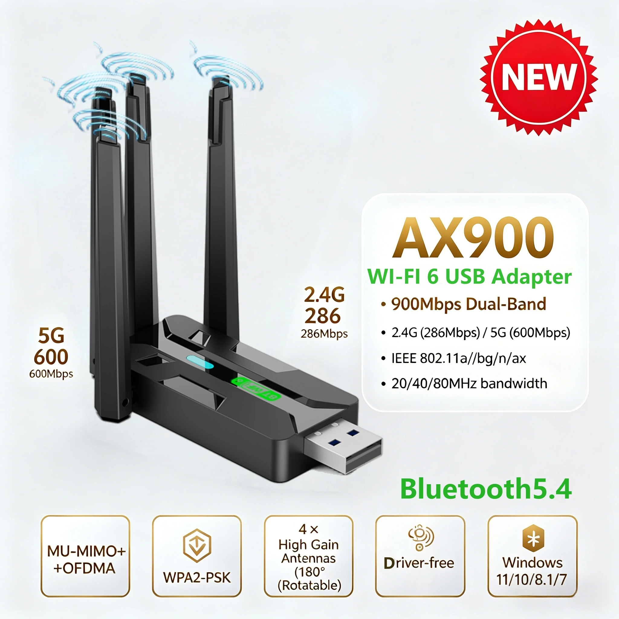 AX900 Wi-Fi 6 USB 어댑터 블루투스 5.4 무선 네트워크 카드 900Mbp..
