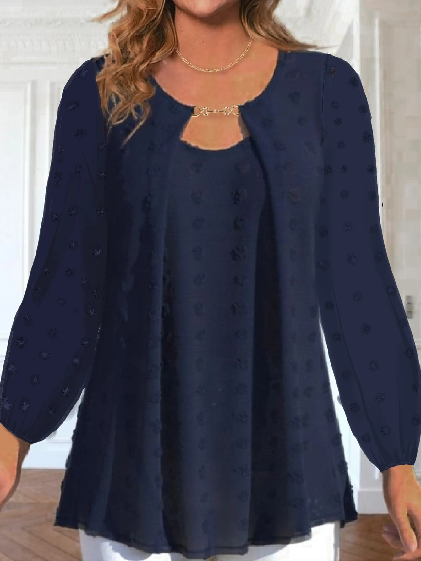 تي شيرت نسائي مزيف من قطعتين بأكمام طويلة ، بلوزات فضفاضة أساسية ، ملابس نسائية غير رسمية ، مقاس كبير ، أحادي اللون ، موضة الخريف