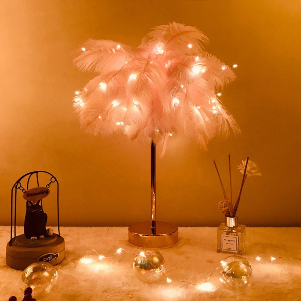 Lampe de Table féerique en plumes, alimentée par pile AA, veilleuse d'arbre  créative avec télécommande, pour décoration de chambre à coucher de mariage  - AliExpress