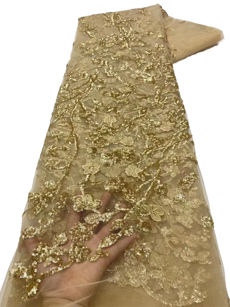 

Latest Gold French Net Lace Fabrics Embroidery With Sequins Nigerian Lace Fabric 2023 High Quality Lace for Wedding Dress YY262