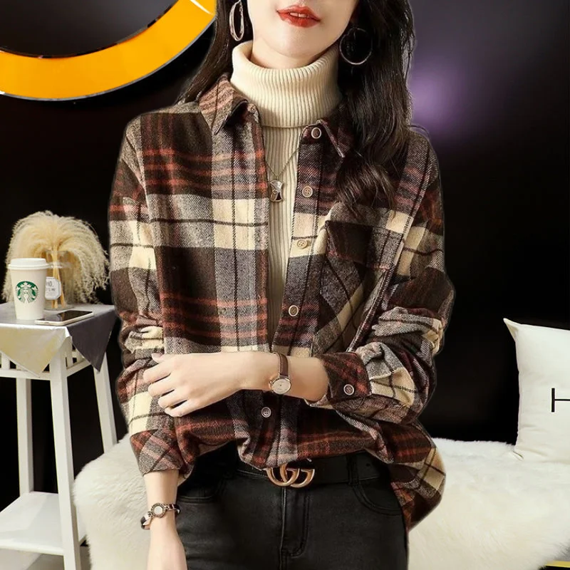 2023 Autumn/Winter New Checkered Shirt with Brushed and Thickened Foreign Style Splicing Temperament Office Lady Women's Shirt pocket girl s notebook checkered notebook and carry it hand in hand with the ledger