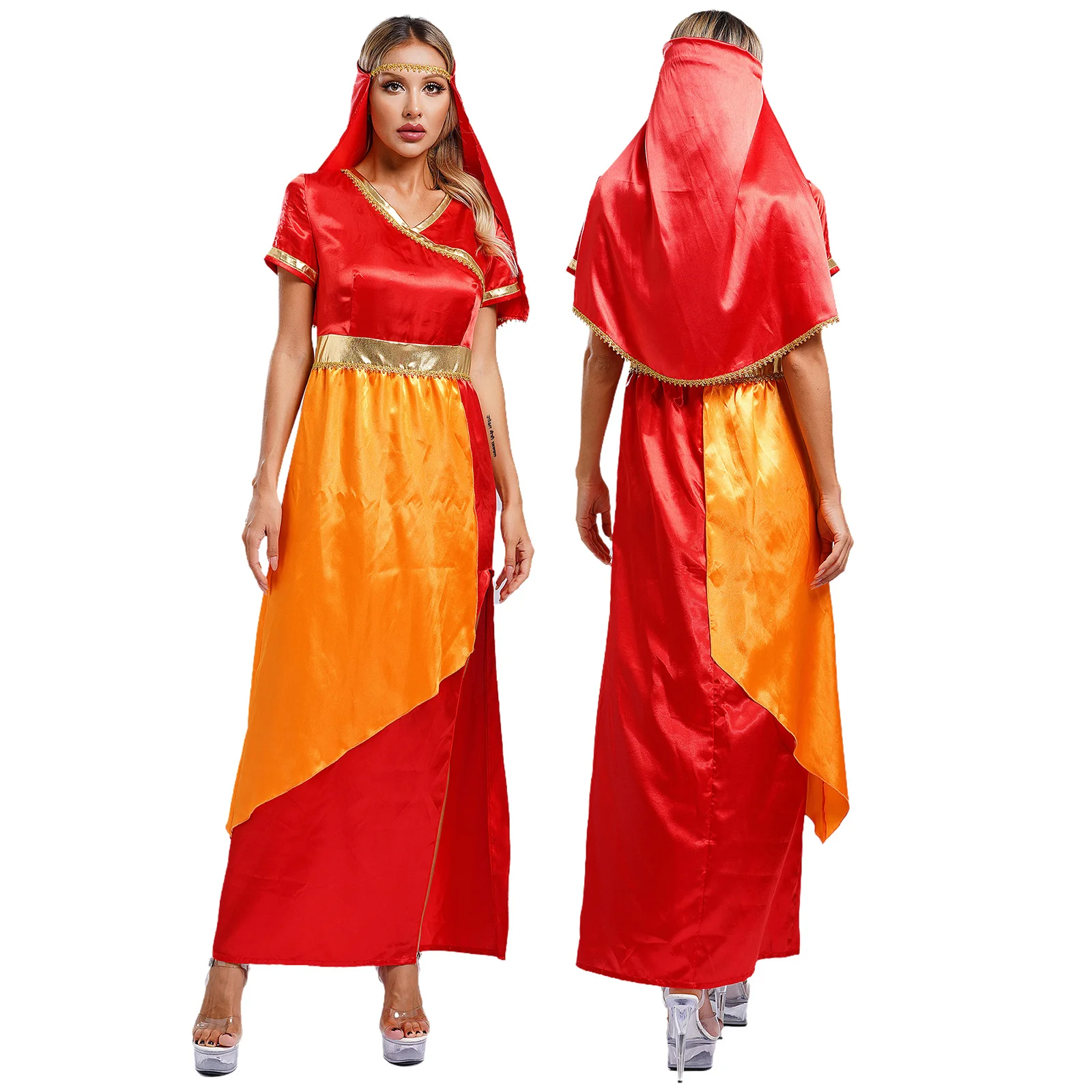 thumbnail image 1 of Disfraz de danza del vientre de Halloween para mujer, traje de princesa heroica árabe con abertura lateral, vestido superpuesto con adornos dorados y velo, 1 of 5