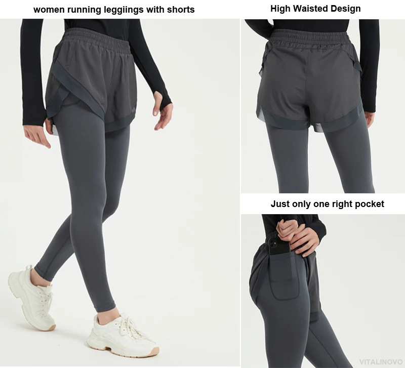 VITALINOVO 2-in-1-Laufhose für Damen mit hoher Taille, sportliches Training, schnell trocknende Leggings für Damen mit Tasche, Fitnessstudio, Yoga – Detail 8