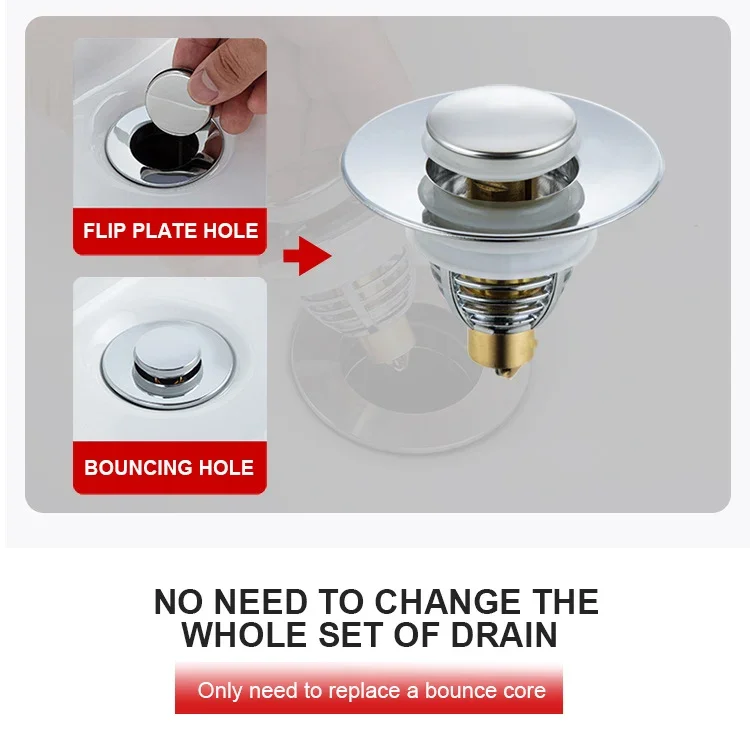 Description Picture 5 of itemPress Bounce Basin Pop-up Drain Filter Bathroom Shower Sink Filter Plug Hair Extension Bath Plug Kitchen Hardware Accessories