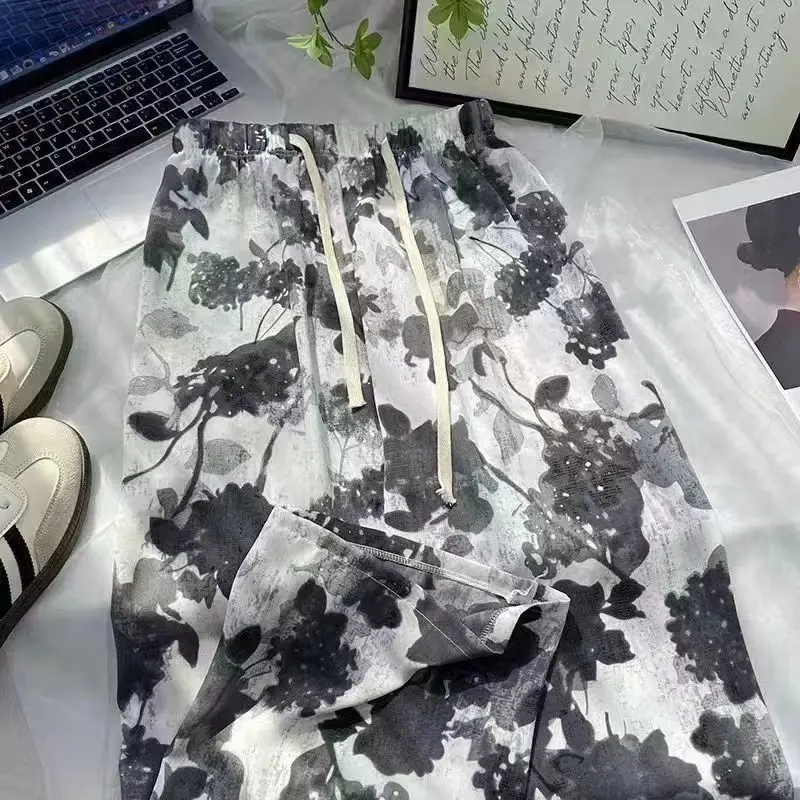 Ink Wash Painting Vertical Stripes Ice Shreds Women New Summer Multiple Styles Elastic Waist Loose Casual Affordable Trousers