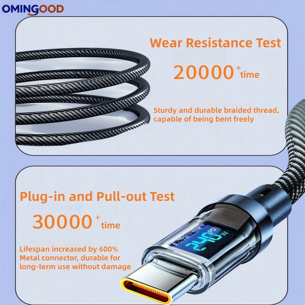 새로운 120W 초고속 충전 케이블 실시간 디지털 디스플레이 USB A to Type C 데이터 케이블 아이폰 안드로이드 폰 범용
