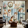 2pcs HD cute cat pet flowers decorative curtain Blue tie digital printed curtain Home Decoration style Decoration living room 1