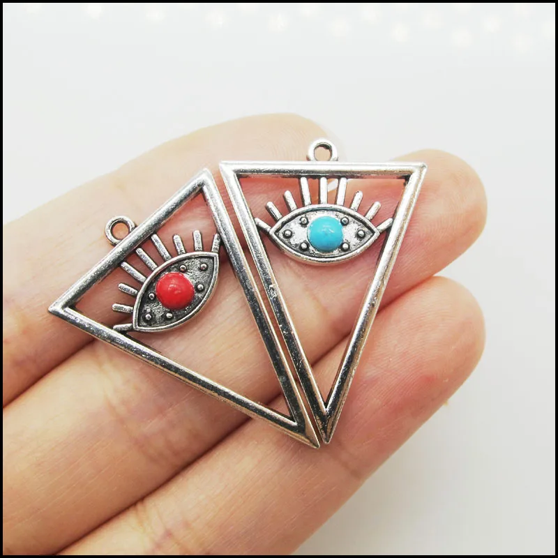 8 New Triangle Frame Eye Charms Retro Antique Silver Tone Round Blue & Red Stone Pendenti 24X35Mm